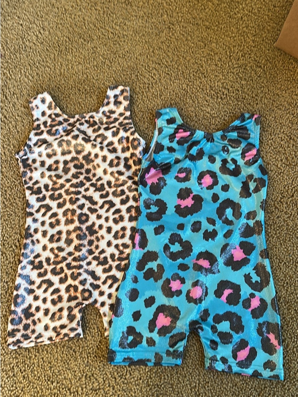 Girls Leopard Print Gymnastics Shorts Romper - Blue and Tan